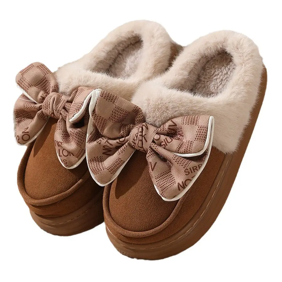 2024 new cotton slippers women's autumn and winter bow home room velvet warm non-slip thick-soled women's slippers