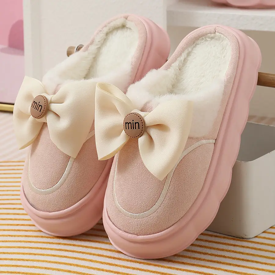 2024 new cotton slippers women's autumn and winter bow home room velvet warm non-slip thick-soled women's slippers — feature 10