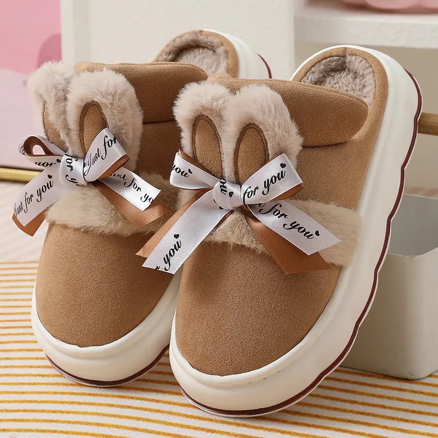 2024 new cotton slippers women's autumn and winter bow home room velvet warm non-slip thick-soled women's slippers — feature 11