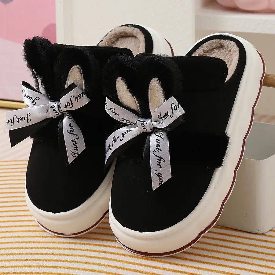 2024 new cotton slippers women's autumn and winter bow home room velvet warm non-slip thick-soled women's slippers — feature 12