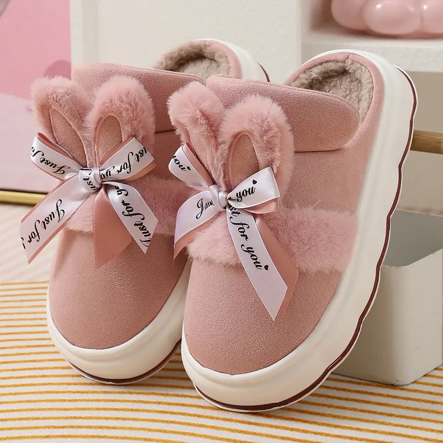 2024 new cotton slippers women's autumn and winter bow home room velvet warm non-slip thick-soled women's slippers — feature 13