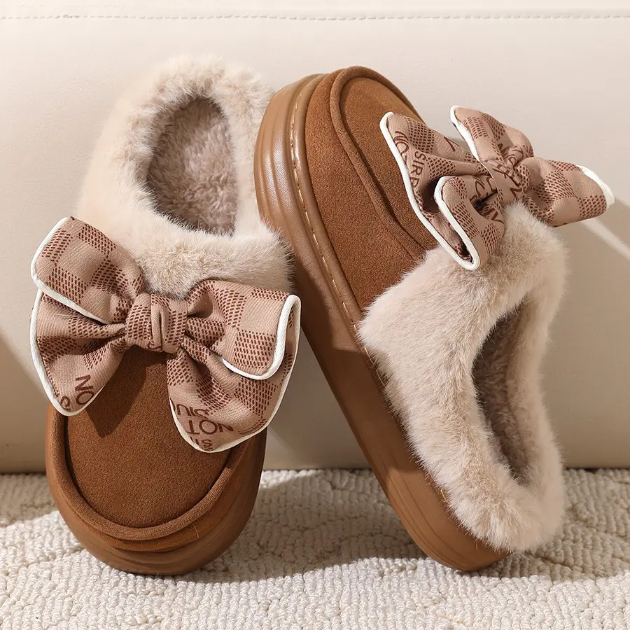 2024 new cotton slippers women's autumn and winter bow home room velvet warm non-slip thick-soled women's slippers — feature 14