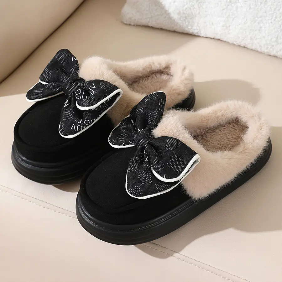 2024 new cotton slippers women's autumn and winter bow home room velvet warm non-slip thick-soled women's slippers — feature 15