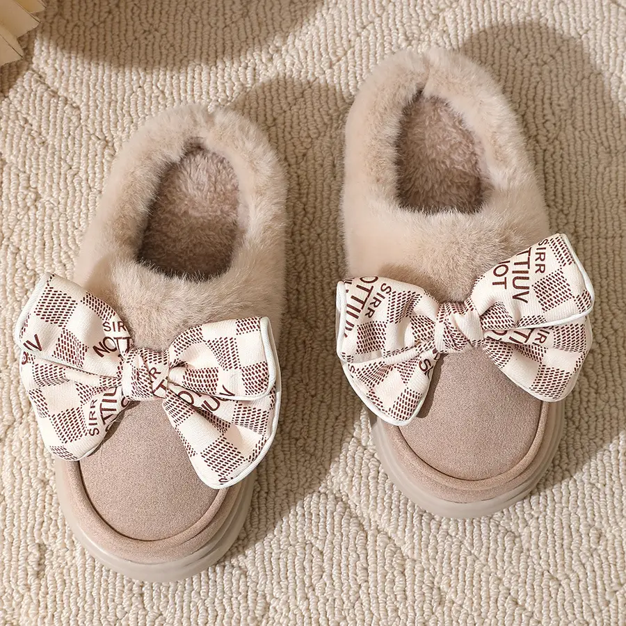 2024 new cotton slippers women's autumn and winter bow home room velvet warm non-slip thick-soled women's slippers — feature 16