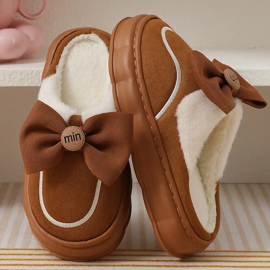 2024 new cotton slippers women's autumn and winter bow home room velvet warm non-slip thick-soled women's slippers — feature 17