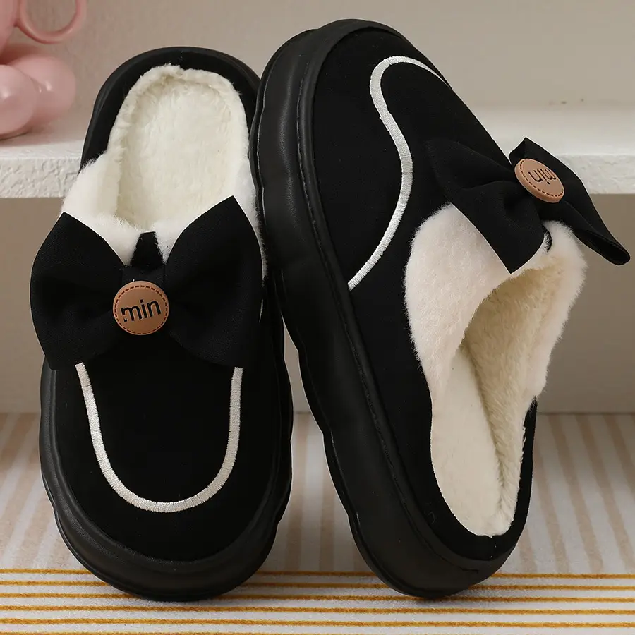 2024 new cotton slippers women's autumn and winter bow home room velvet warm non-slip thick-soled women's slippers — feature 18