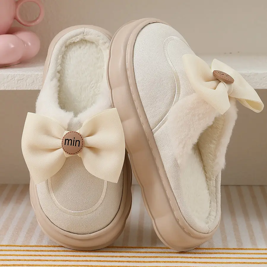 2024 new cotton slippers women's autumn and winter bow home room velvet warm non-slip thick-soled women's slippers — feature 19