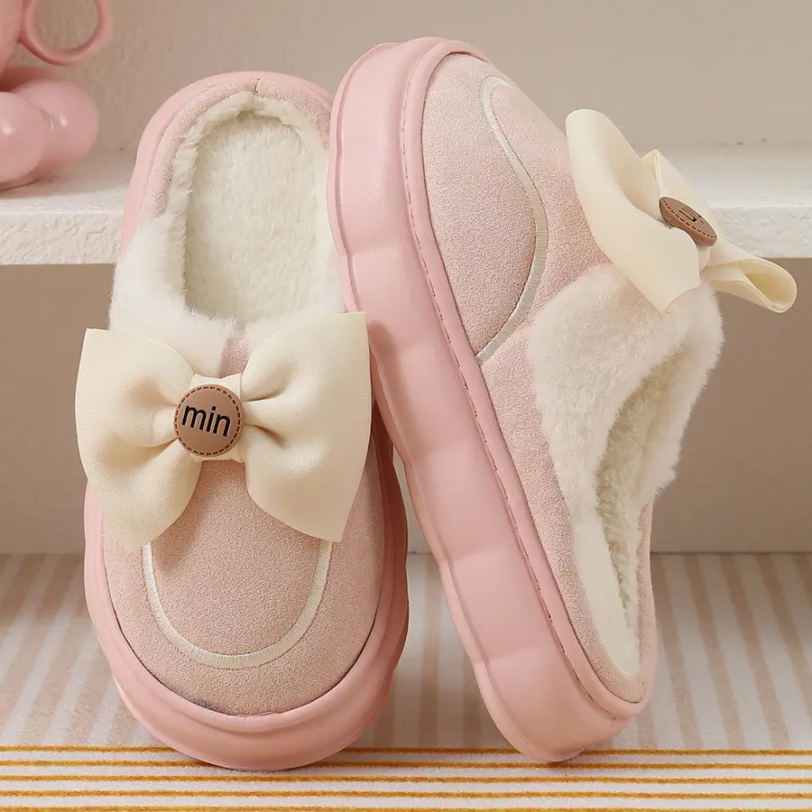 2024 new cotton slippers women's autumn and winter bow home room velvet warm non-slip thick-soled women's slippers — feature 20