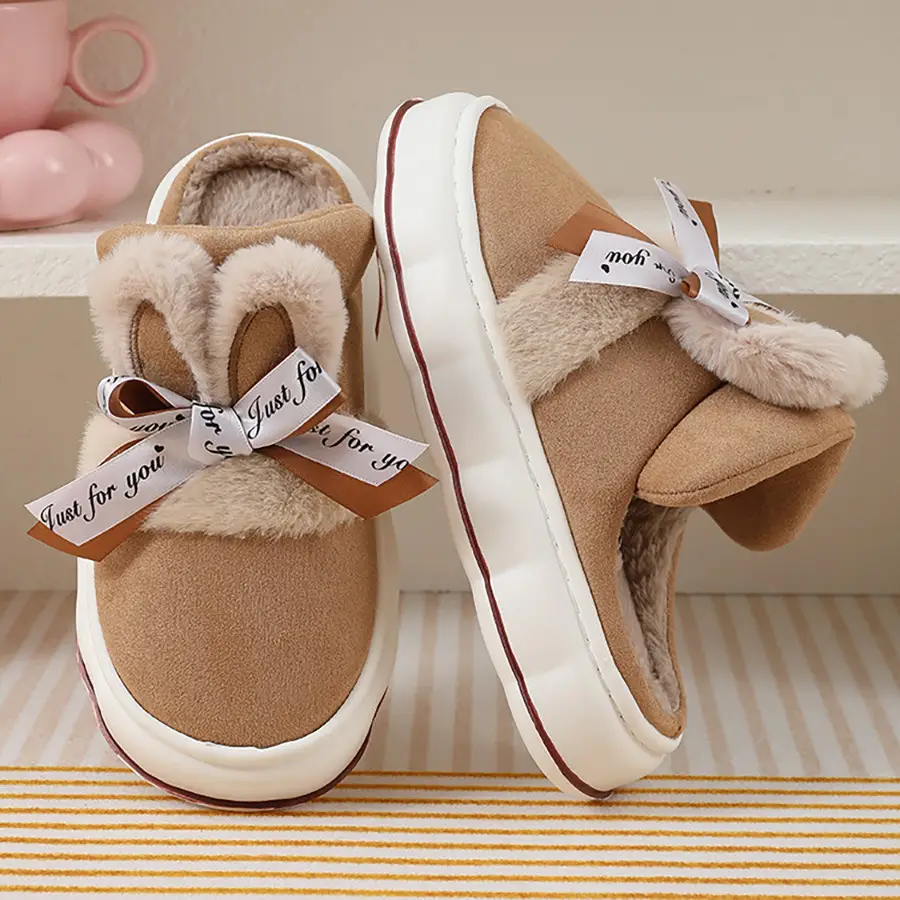 2024 new cotton slippers women's autumn and winter bow home room velvet warm non-slip thick-soled women's slippers — feature 21