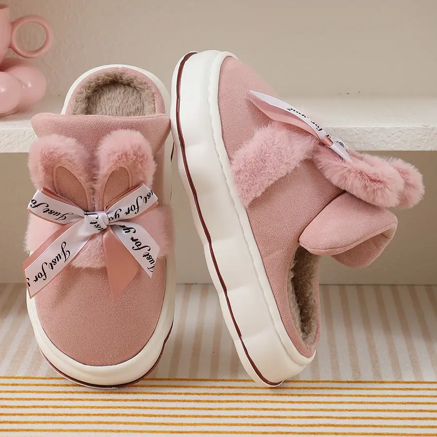 2024 new cotton slippers women's autumn and winter bow home room velvet warm non-slip thick-soled women's slippers — feature 22