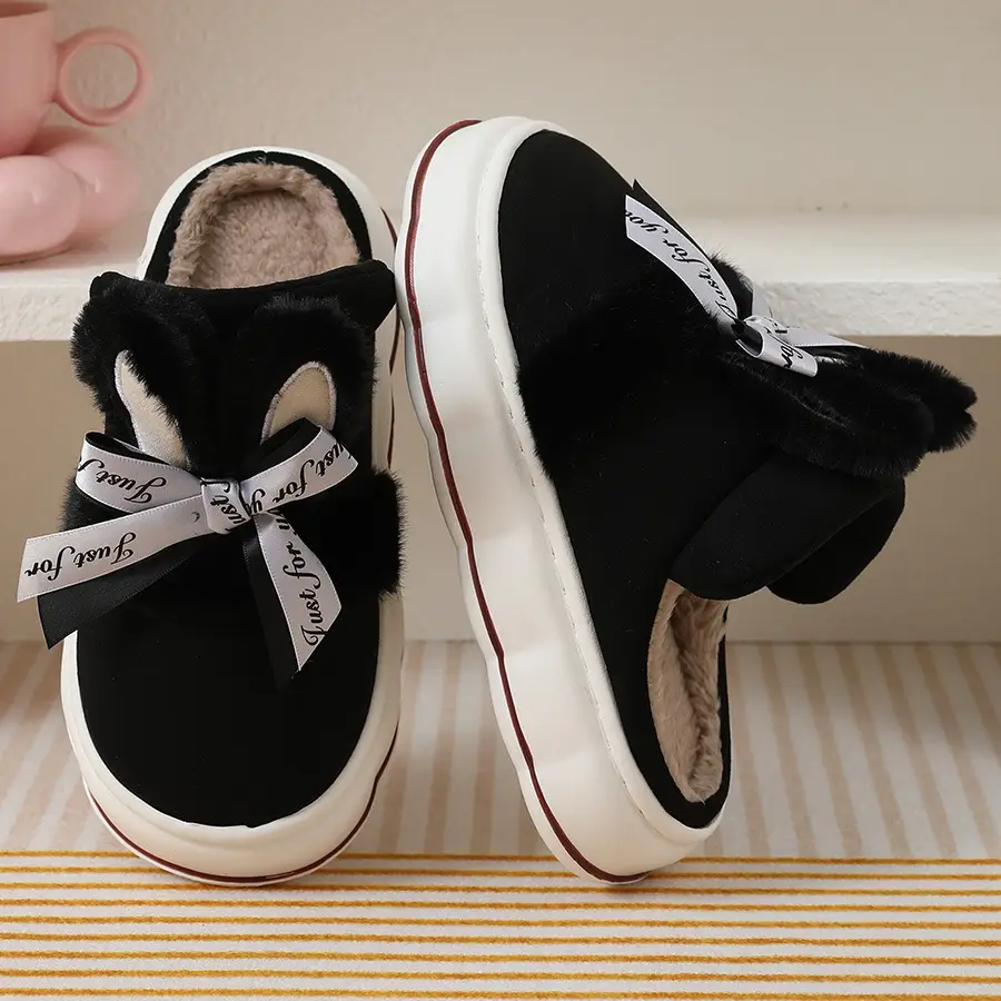 2024 new cotton slippers women's autumn and winter bow home room velvet warm non-slip thick-soled women's slippers — feature 23