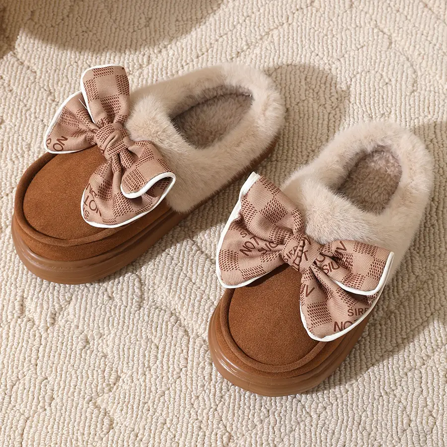 2024 new cotton slippers women's autumn and winter bow home room velvet warm non-slip thick-soled women's slippers — feature 24