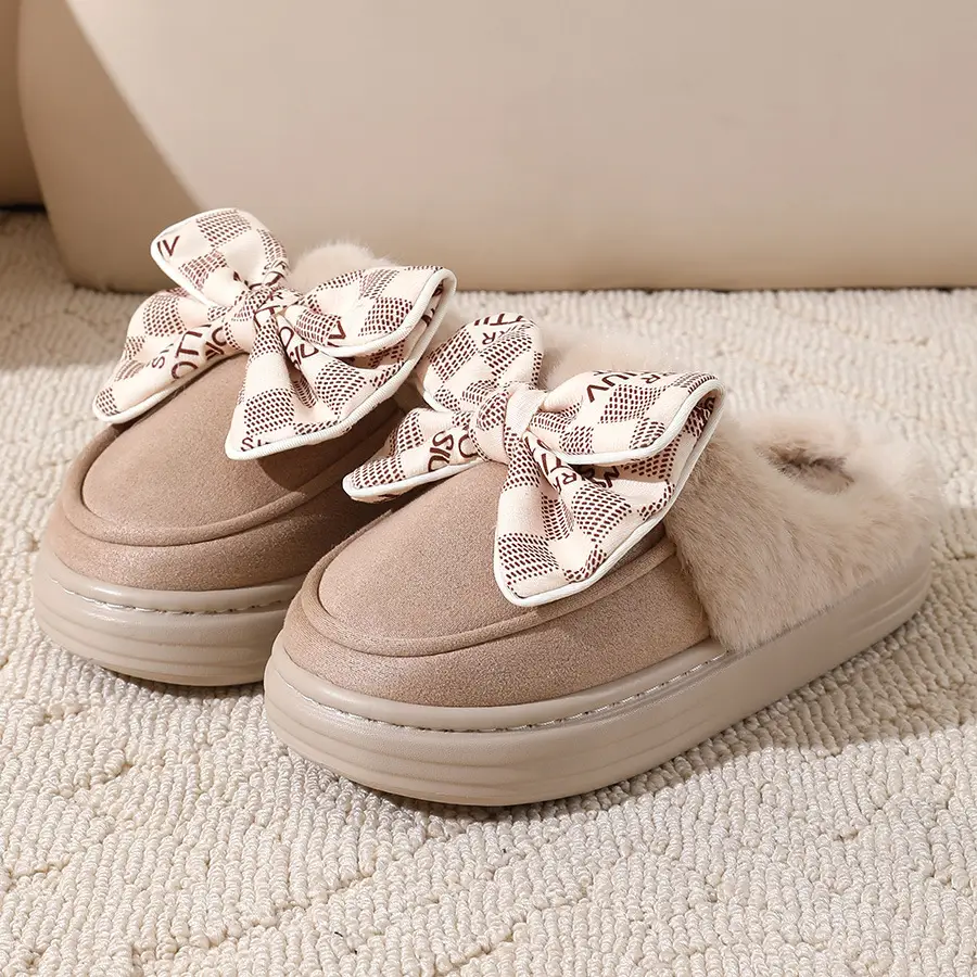 2024 new cotton slippers women's autumn and winter bow home room velvet warm non-slip thick-soled women's slippers — feature 25