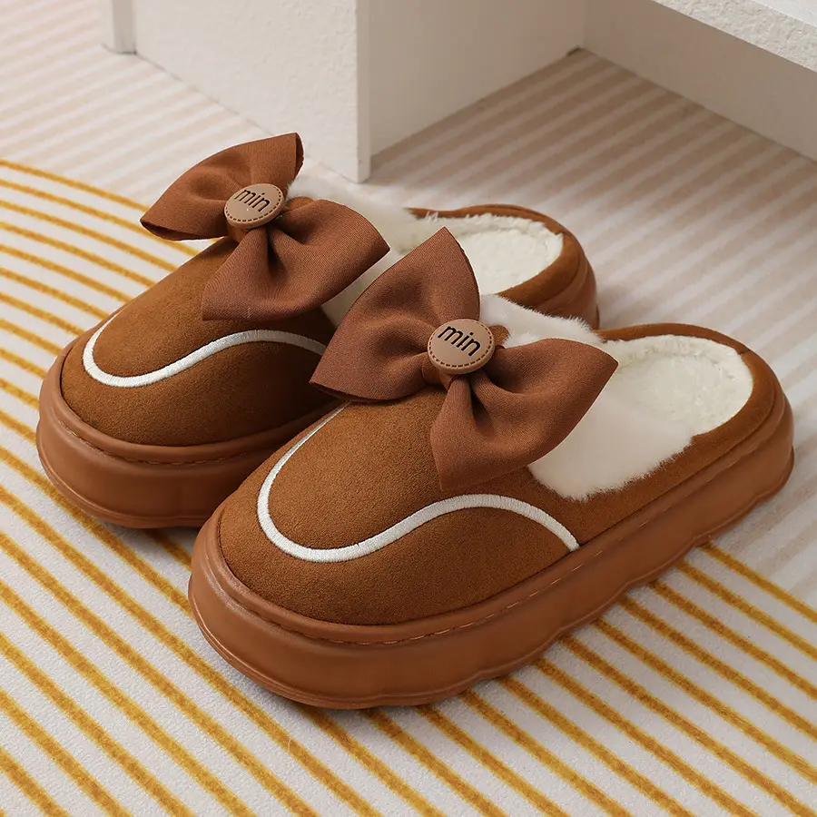 2024 new cotton slippers women's autumn and winter bow home room velvet warm non-slip thick-soled women's slippers — feature 27