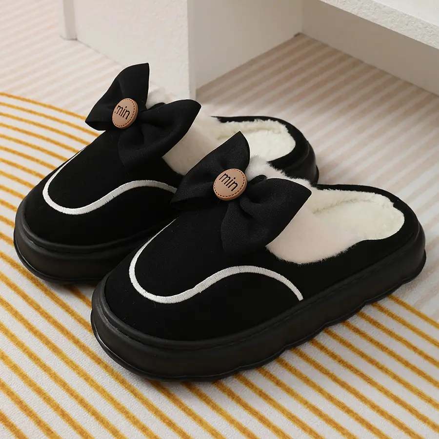 2024 new cotton slippers women's autumn and winter bow home room velvet warm non-slip thick-soled women's slippers — feature 28