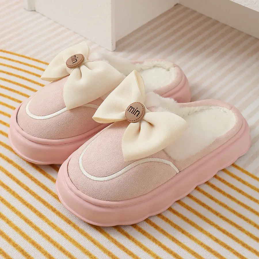 2024 new cotton slippers women's autumn and winter bow home room velvet warm non-slip thick-soled women's slippers — feature 29