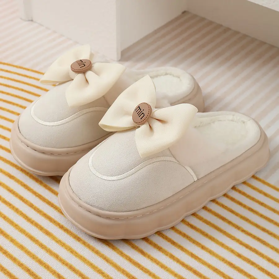 2024 new cotton slippers women's autumn and winter bow home room velvet warm non-slip thick-soled women's slippers — feature 30