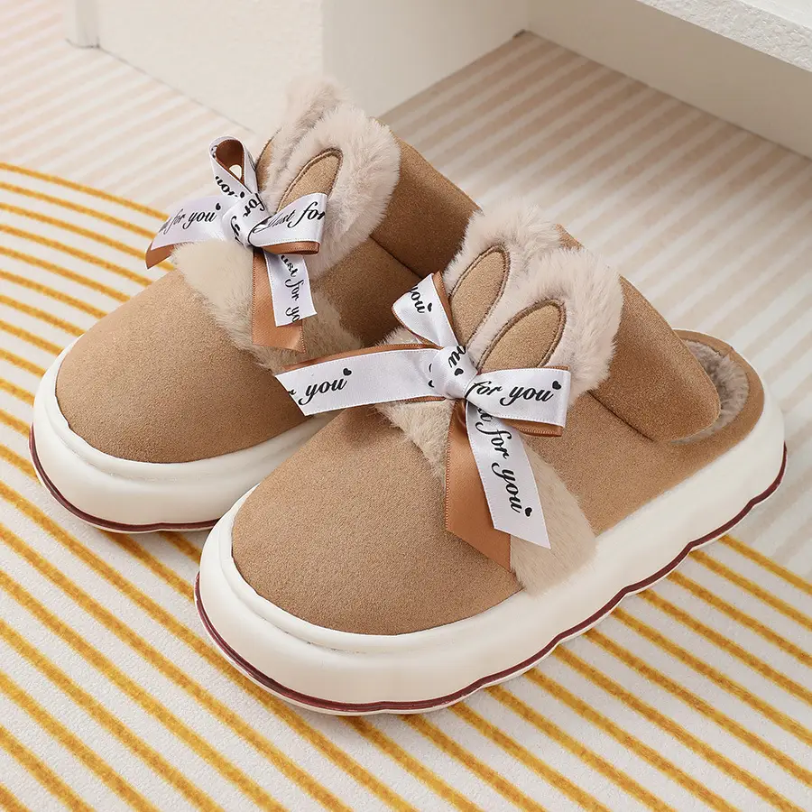 2024 new cotton slippers women's autumn and winter bow home room velvet warm non-slip thick-soled women's slippers — feature 31