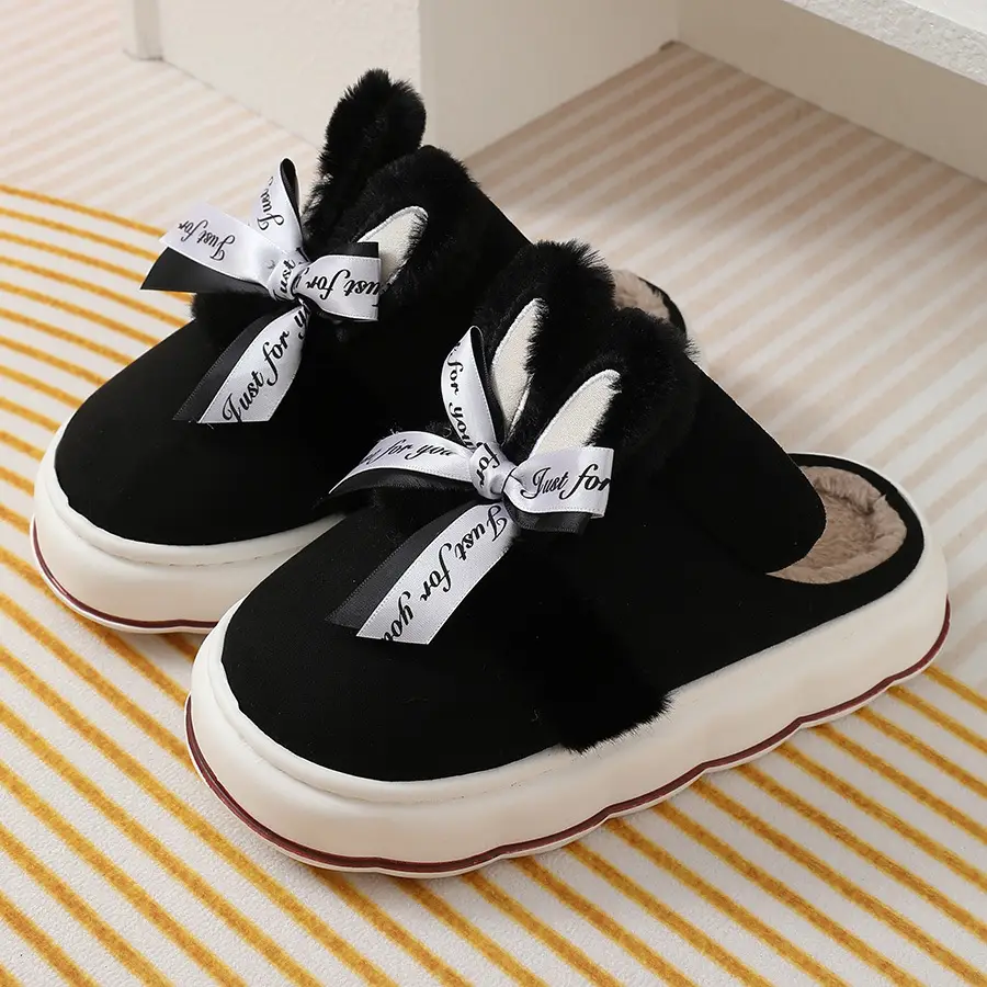 2024 new cotton slippers women's autumn and winter bow home room velvet warm non-slip thick-soled women's slippers — feature 32