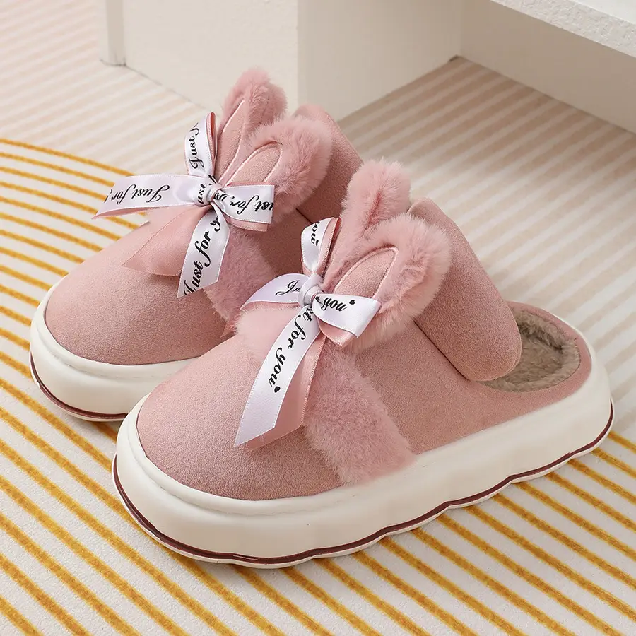 2024 new cotton slippers women's autumn and winter bow home room velvet warm non-slip thick-soled women's slippers — feature 33