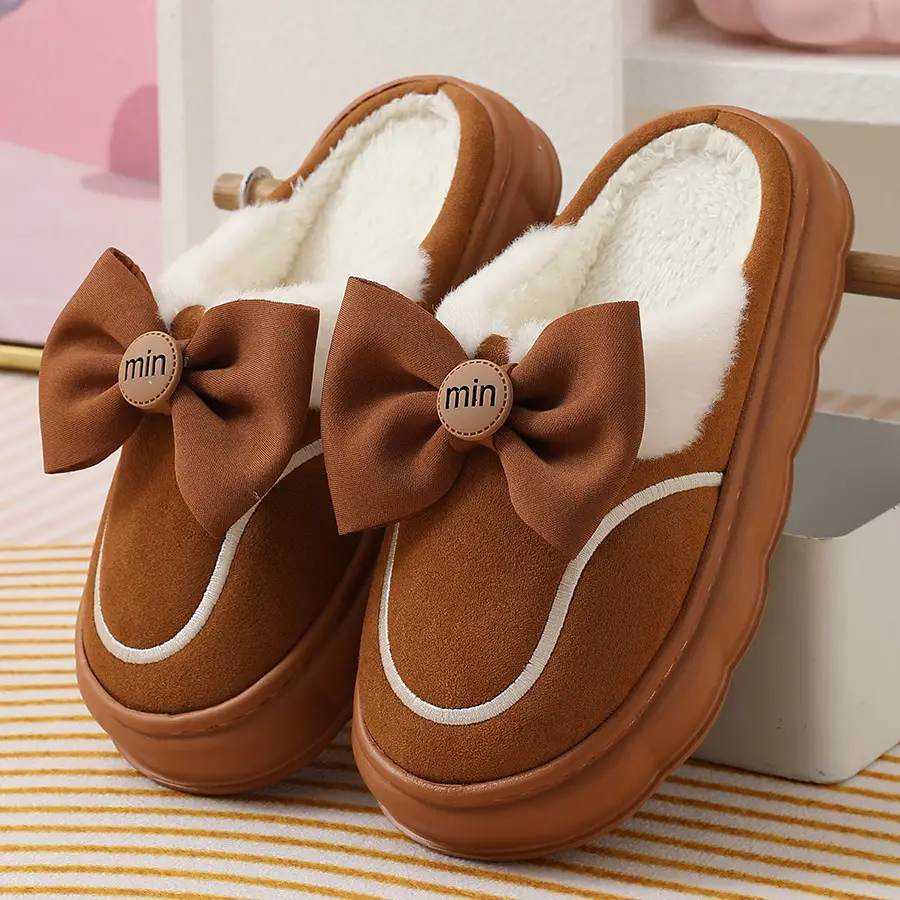 2024 new cotton slippers women's autumn and winter bow home room velvet warm non-slip thick-soled women's slippers — feature 7