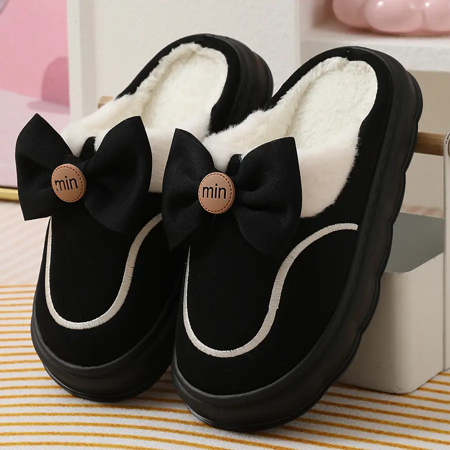 2024 new cotton slippers women's autumn and winter bow home room velvet warm non-slip thick-soled women's slippers — feature 8