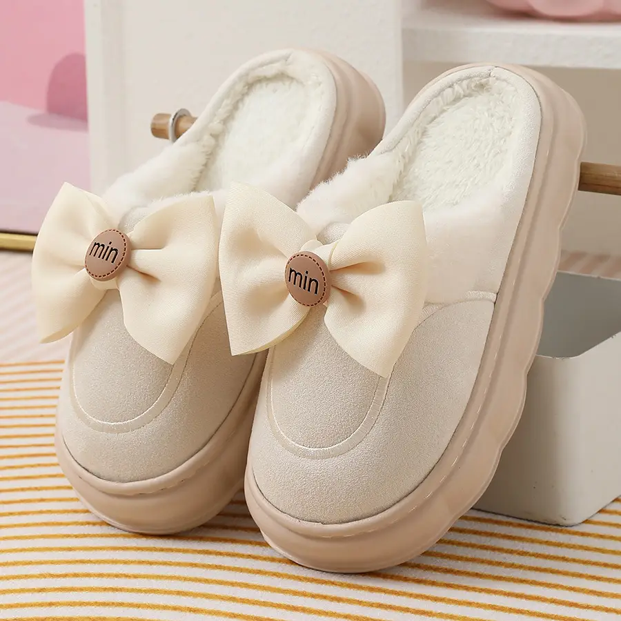 2024 new cotton slippers women's autumn and winter bow home room velvet warm non-slip thick-soled women's slippers — feature 9
