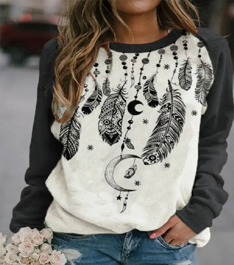 Women's 2021 Feather Print Western Sweater Top