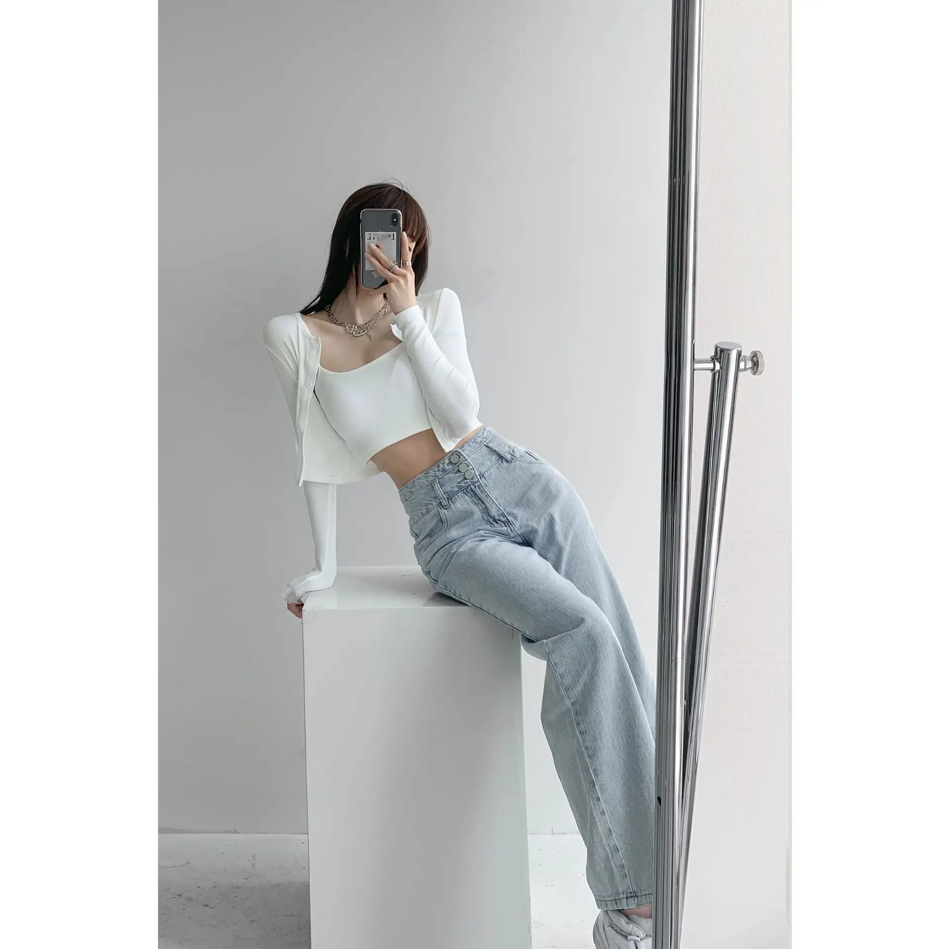 Women's Retro High Waist Breasted Jeans Slimming Mop Pants - Image 3