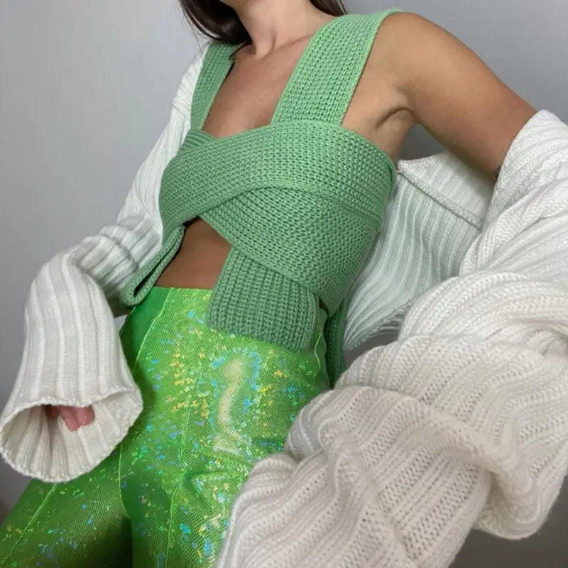 Green Knitted Tie-Up Bra for Women