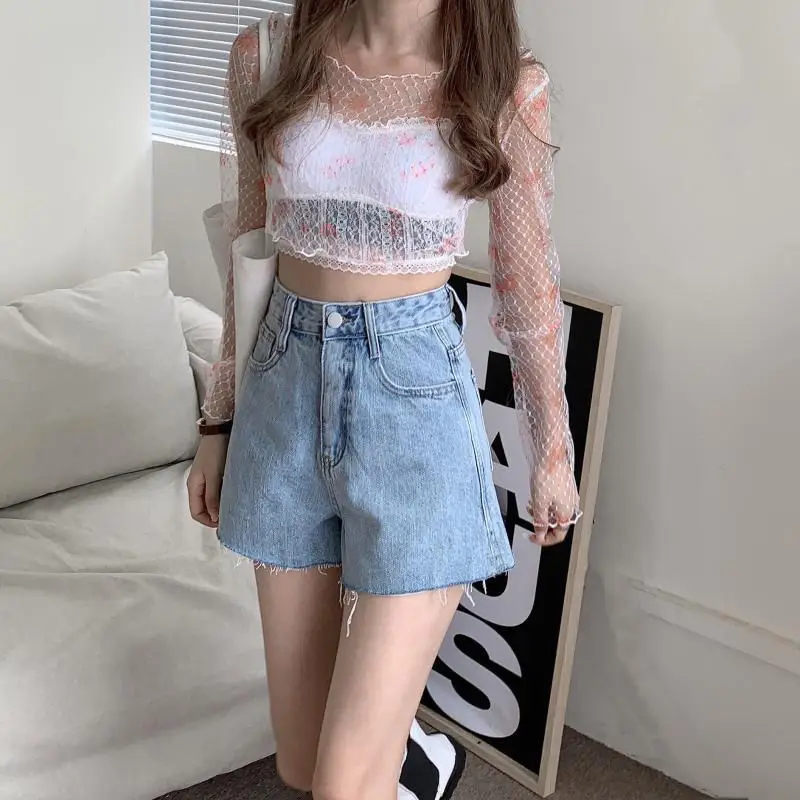 Women Denim Shorts High Waist Light Blue 2021