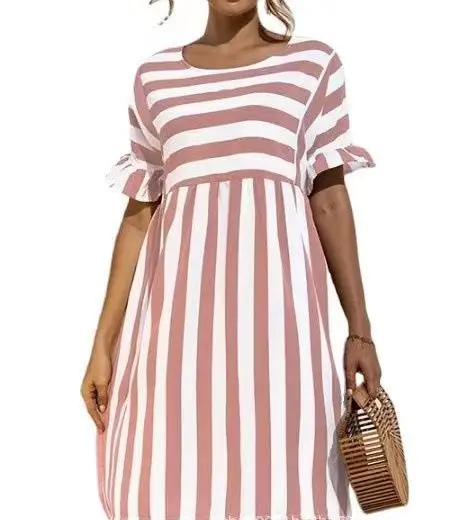 Women Striped Cotton Dress Yellow White Round Neck Loose Fit - Image 18