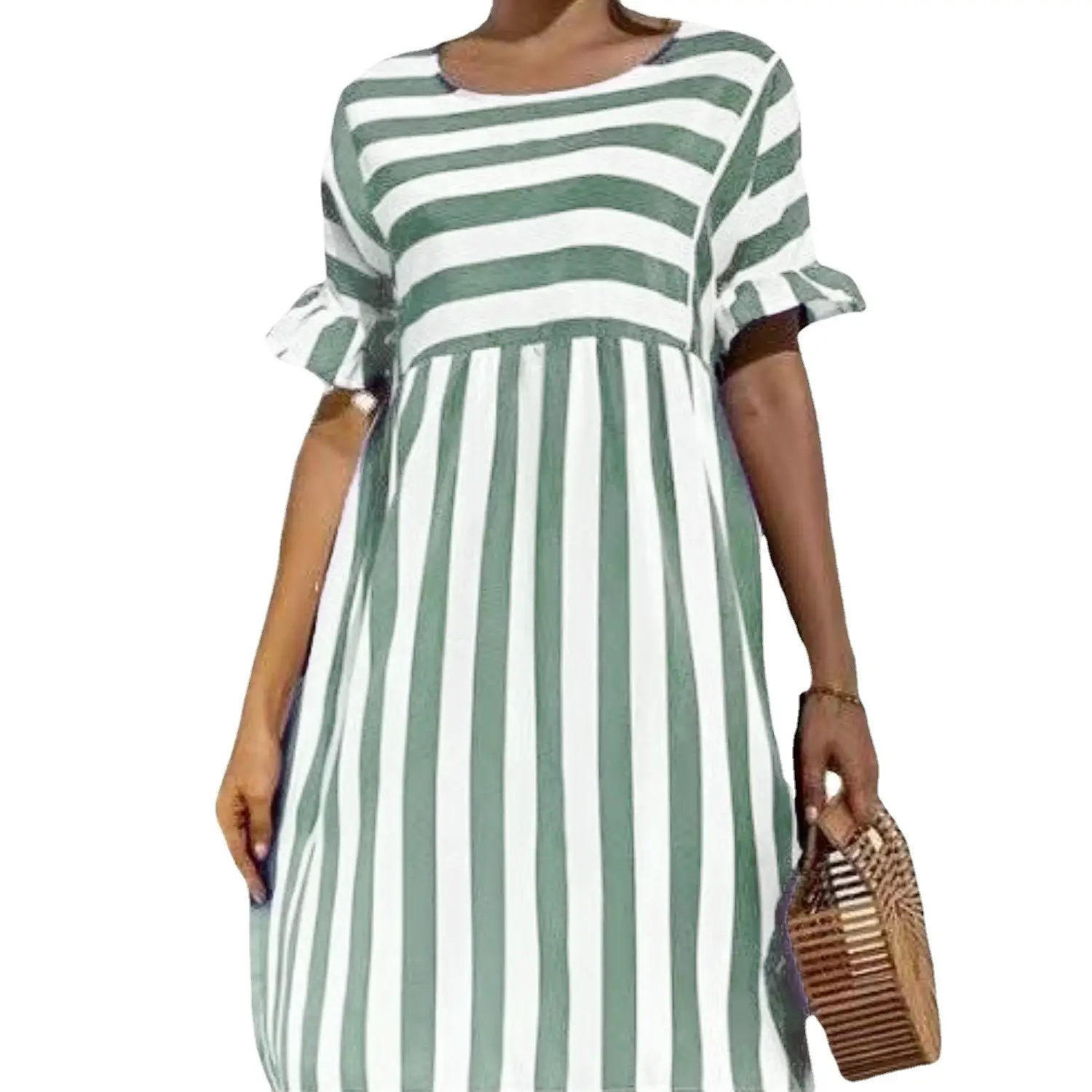 Women Striped Cotton Dress Yellow White Round Neck Loose Fit - Image 19