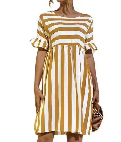 Women Striped Cotton Dress Yellow White Round Neck Loose Fit - Image 3