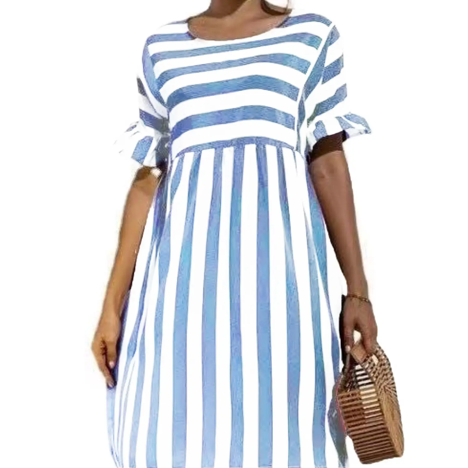 Women Striped Cotton Dress Yellow White Round Neck Loose Fit - Image 10