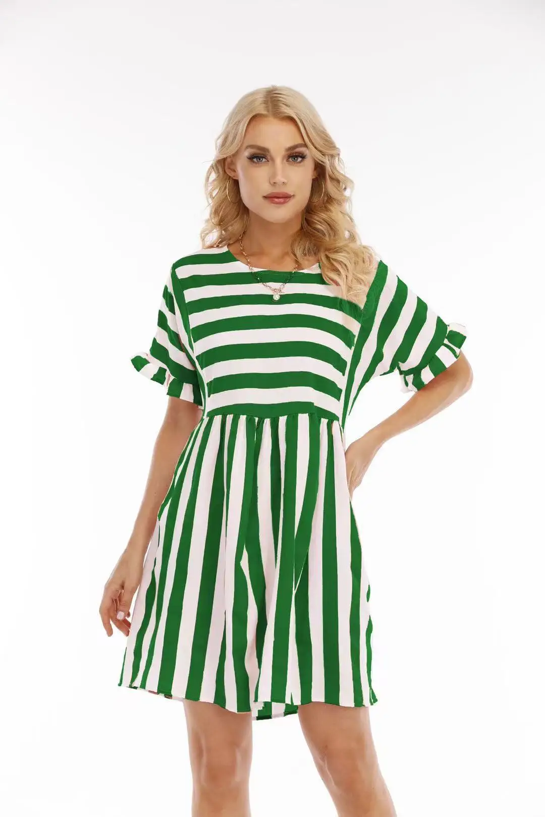 Women Striped Cotton Dress Yellow White Round Neck Loose Fit - Image 14
