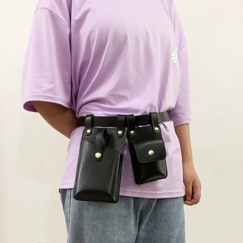 Women's Black Leather Waist Bag with 3 Pockets - Image 3