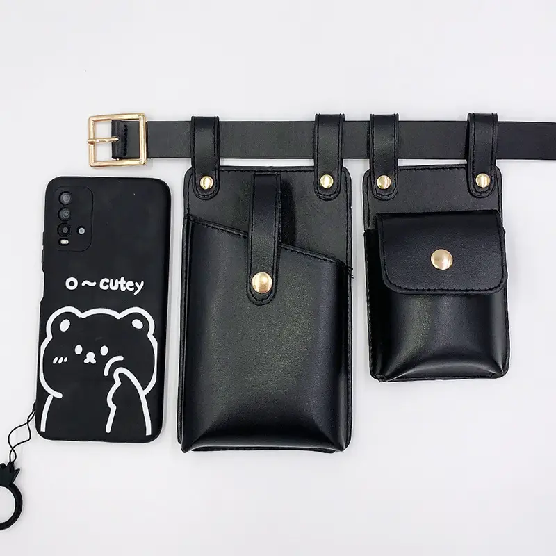 Women's Black Leather Waist Bag with 3 Pockets - Image 5
