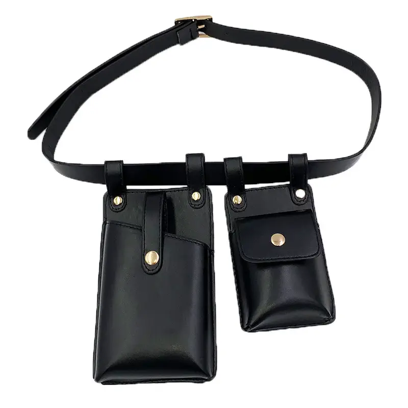 Women's Black Leather Waist Bag with 3 Pockets - Image 6