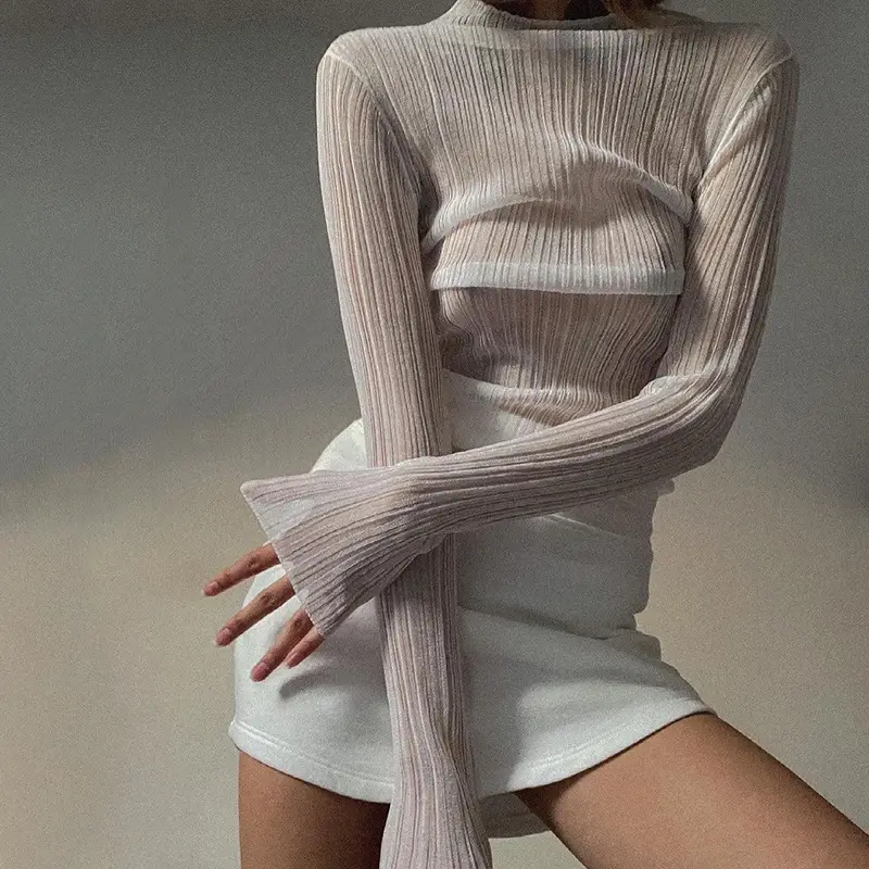 Women's Long Sleeve Mesh See Through T-Shirt White High Collar - Image 5