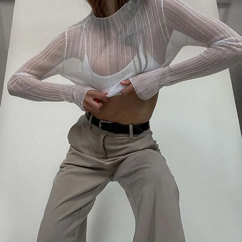 Women's Long Sleeve Mesh See Through T-Shirt White High Collar - Image 6