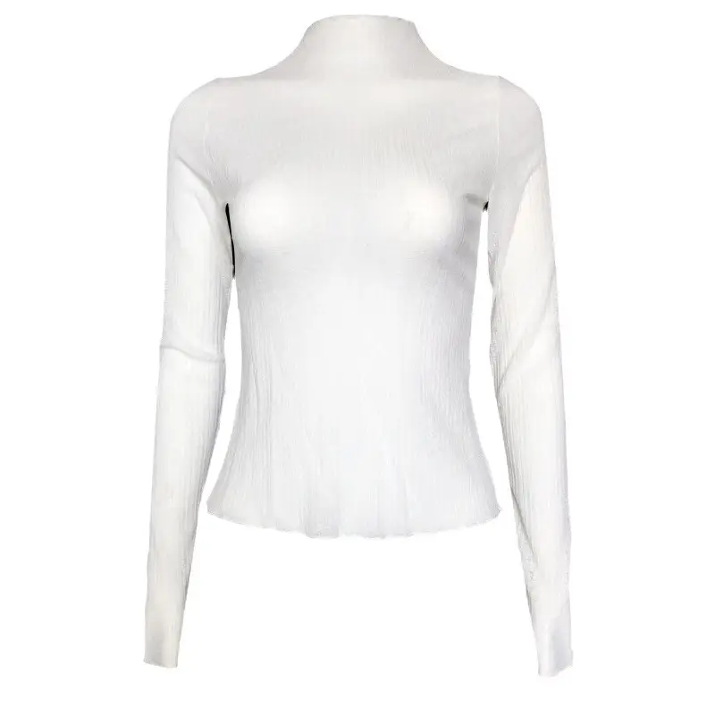Women's Long Sleeve Mesh See Through T-Shirt White High Collar - Image 8