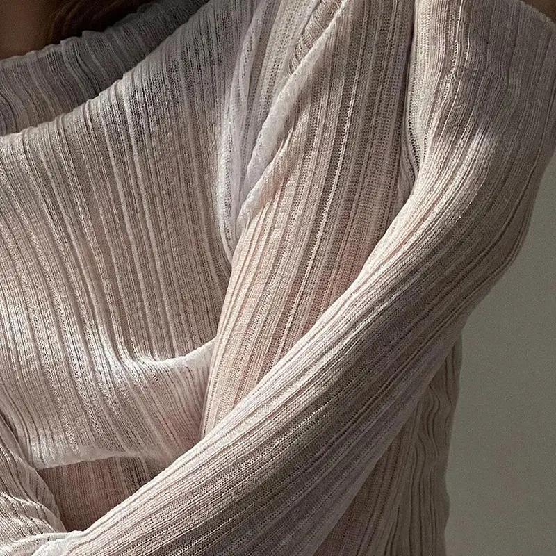Women's Long Sleeve Mesh See Through T-Shirt White High Collar — feature 11