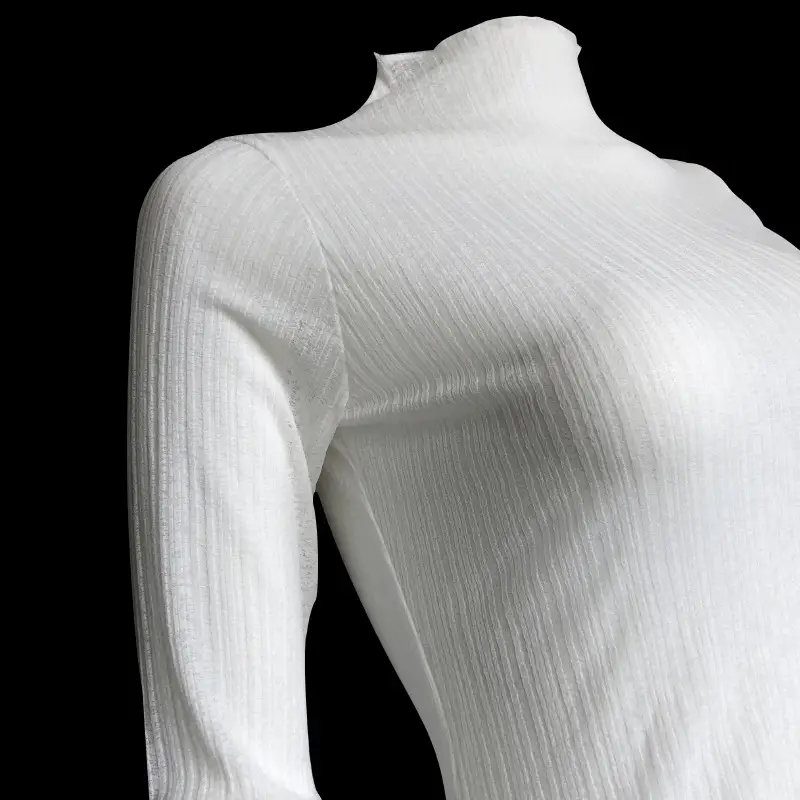 Women's Long Sleeve Mesh See Through T-Shirt White High Collar — feature 5