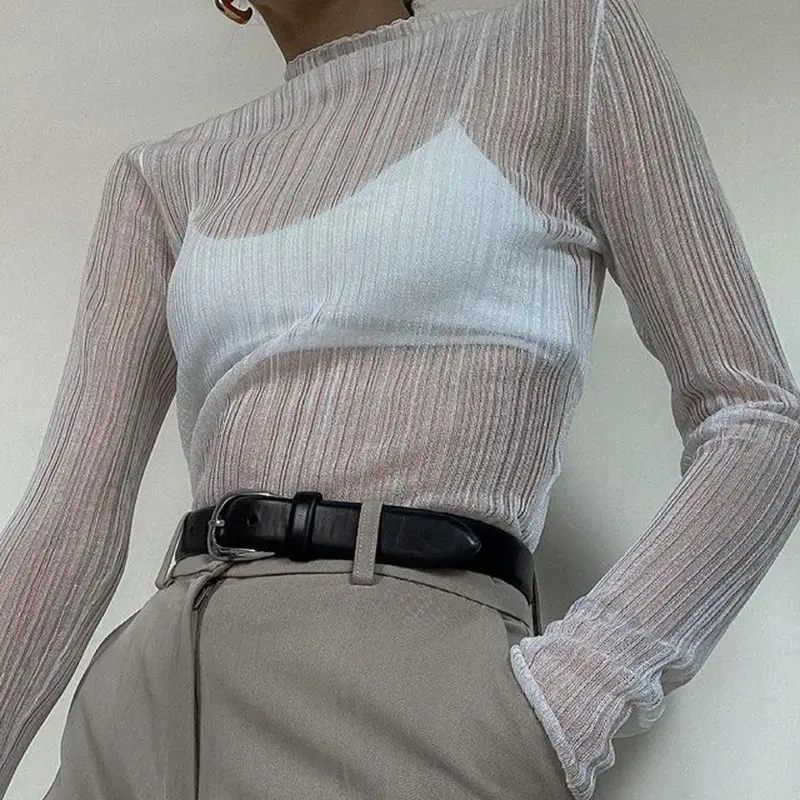 Women's Long Sleeve Mesh See Through T-Shirt White High Collar — feature 6