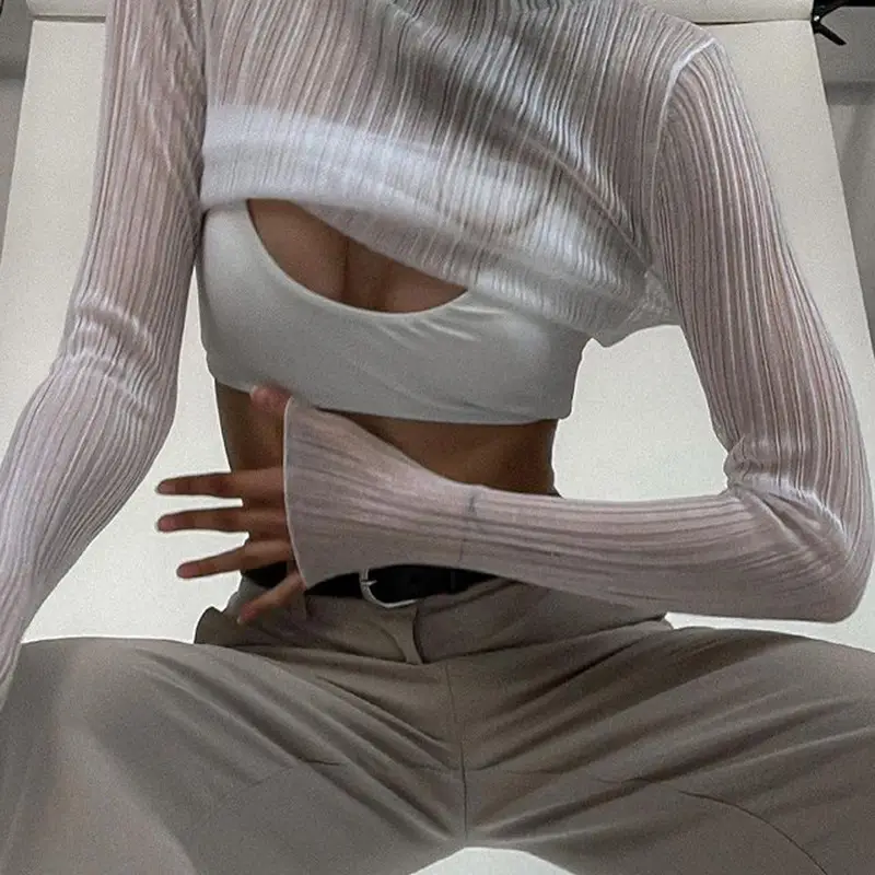 Women's Long Sleeve Mesh See Through T-Shirt White High Collar — feature 8
