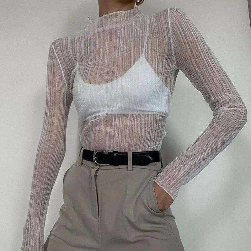 Women's Long Sleeve Mesh See Through T-Shirt White High Collar — feature 9