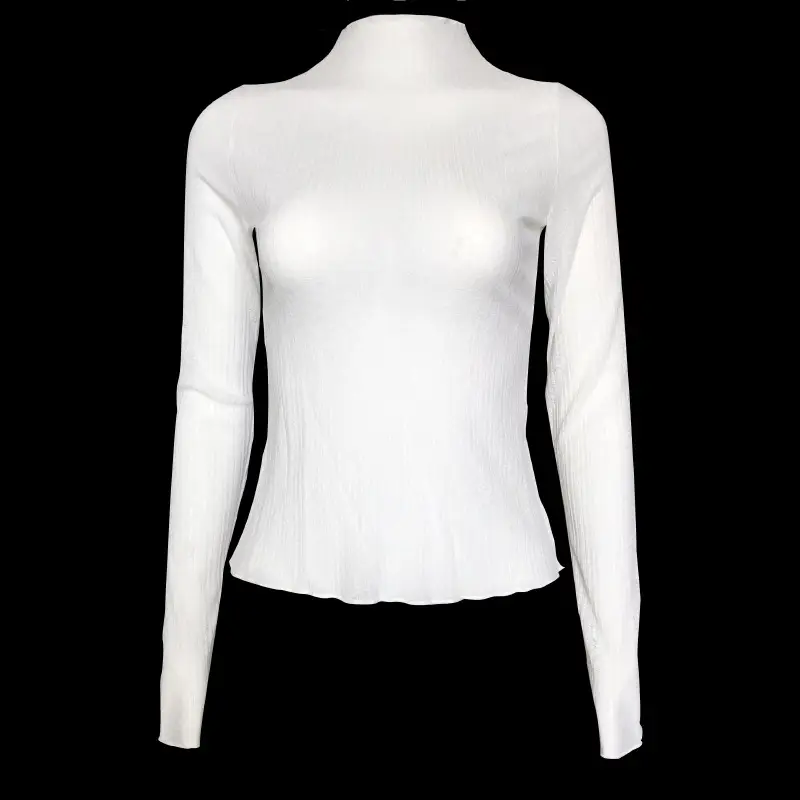 Women's Long Sleeve Mesh See Through T-Shirt White High Collar — feature 3