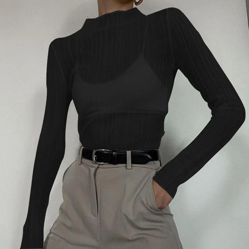Women's Long Sleeve Mesh See Through T-Shirt White High Collar - Image 3