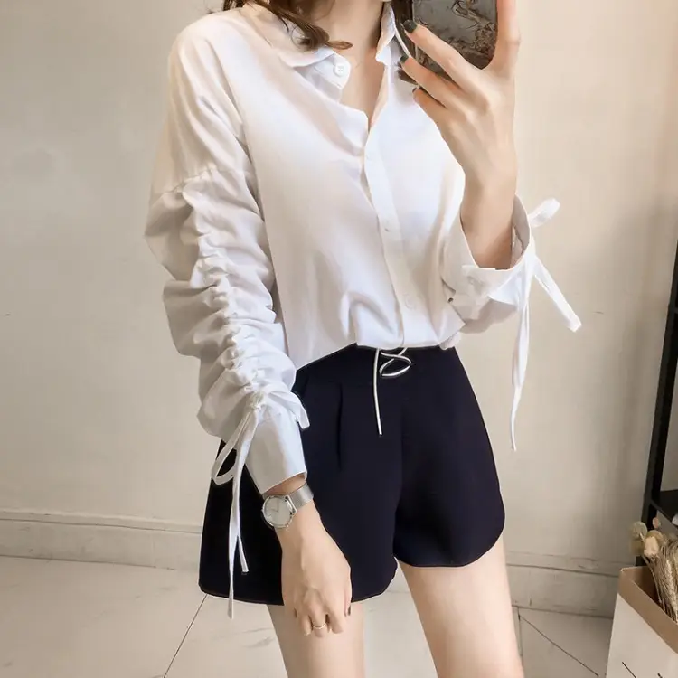 Plus Size Women White Tie-Back Shirt Top with Black Shorts - Image 6